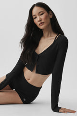 Ribbed Cropped Whisper Cardigan - Black