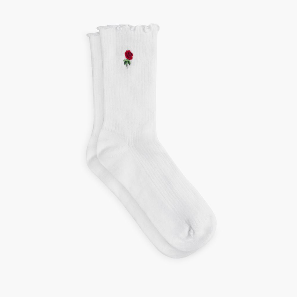 Women's Ruffle Rib Quarter Sock | White x Rose Embroidery