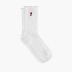 Women's Ruffle Rib Quarter Sock | White x Rose Embroidery