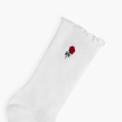 Women's Ruffle Rib Quarter Sock | White x Rose Embroidery