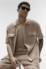Sports Club Sweater Knit Short Sleeve Button Up - Gravel