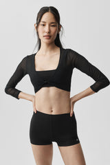 Mesh Knotty 3/4 Sleeve Top - Black
